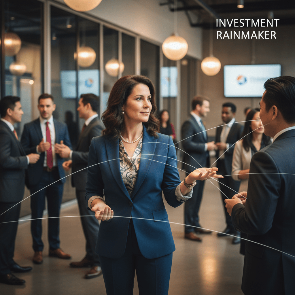 A charismatic female founder confidently navigates a high-end networking event, symbolizing an 'Investment Rainmaker' generating capital through her network.