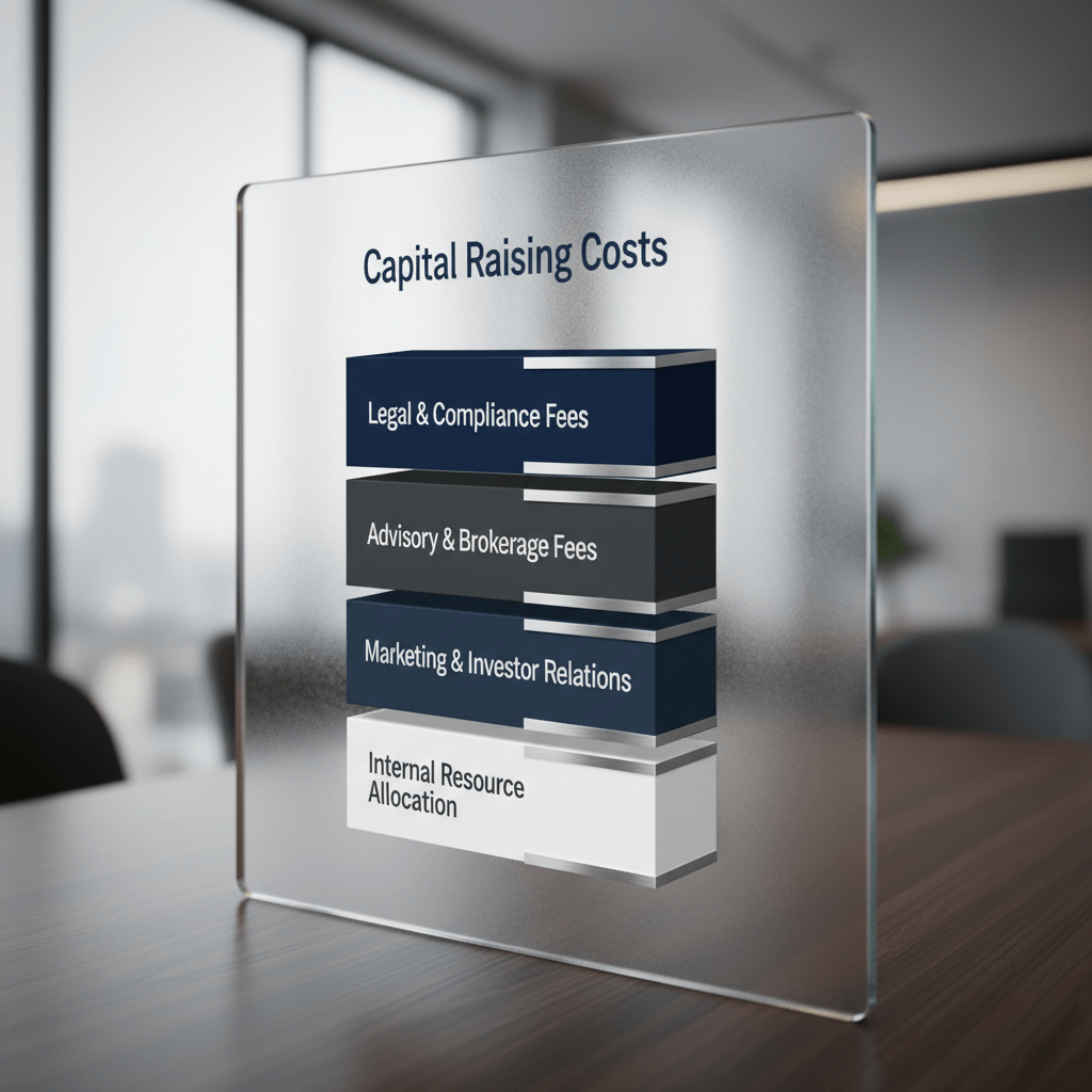 A clean, segmented diagram, similar to a stacked bar, illustrating the breakdown of capital raising costs into categories like legal fees, advisor fees, and marketing, using deep navy, charcoal, and silver accents.