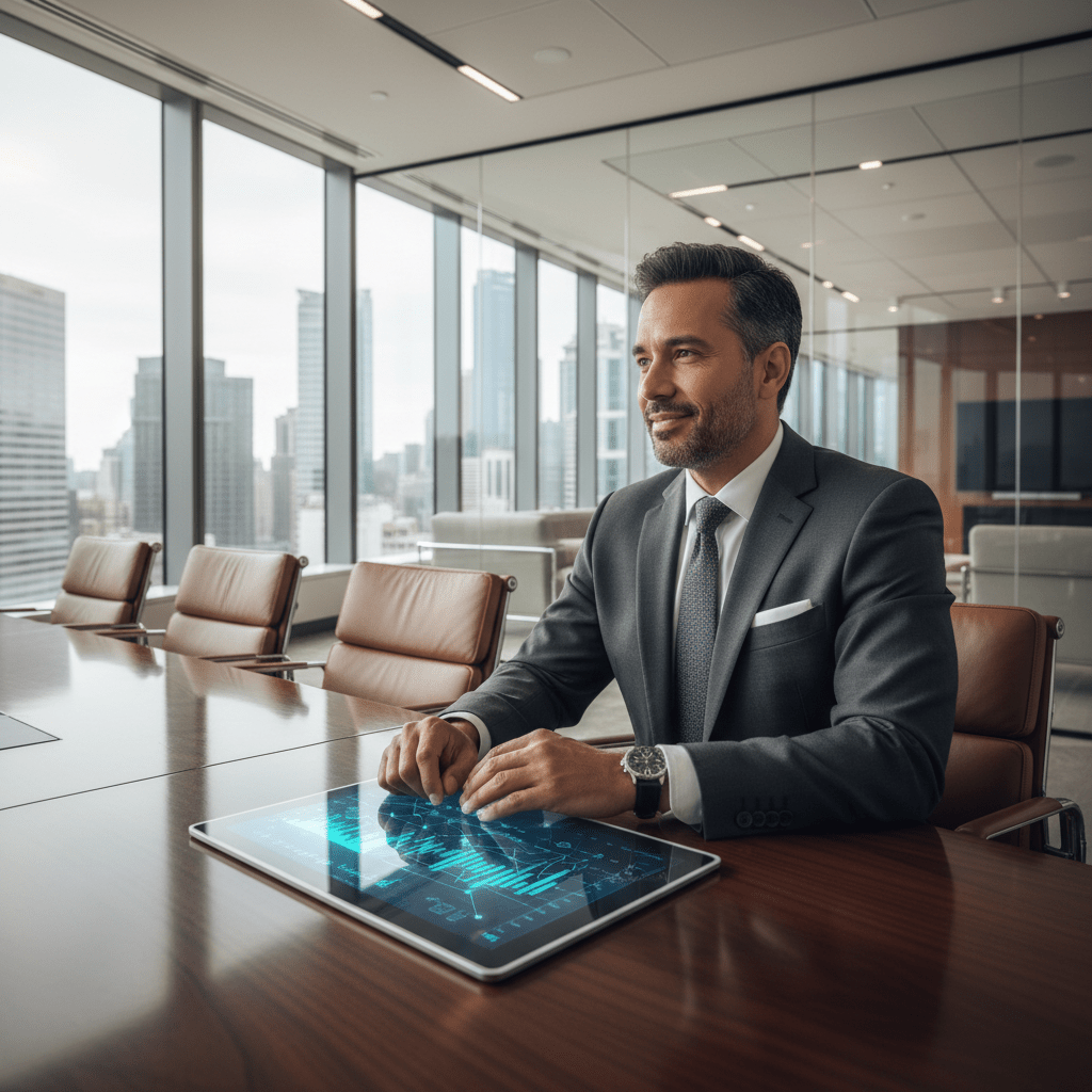 A confident business executive in a modern boardroom, focused on strategic financial data, embodying professional expertise and leadership in capital raising.