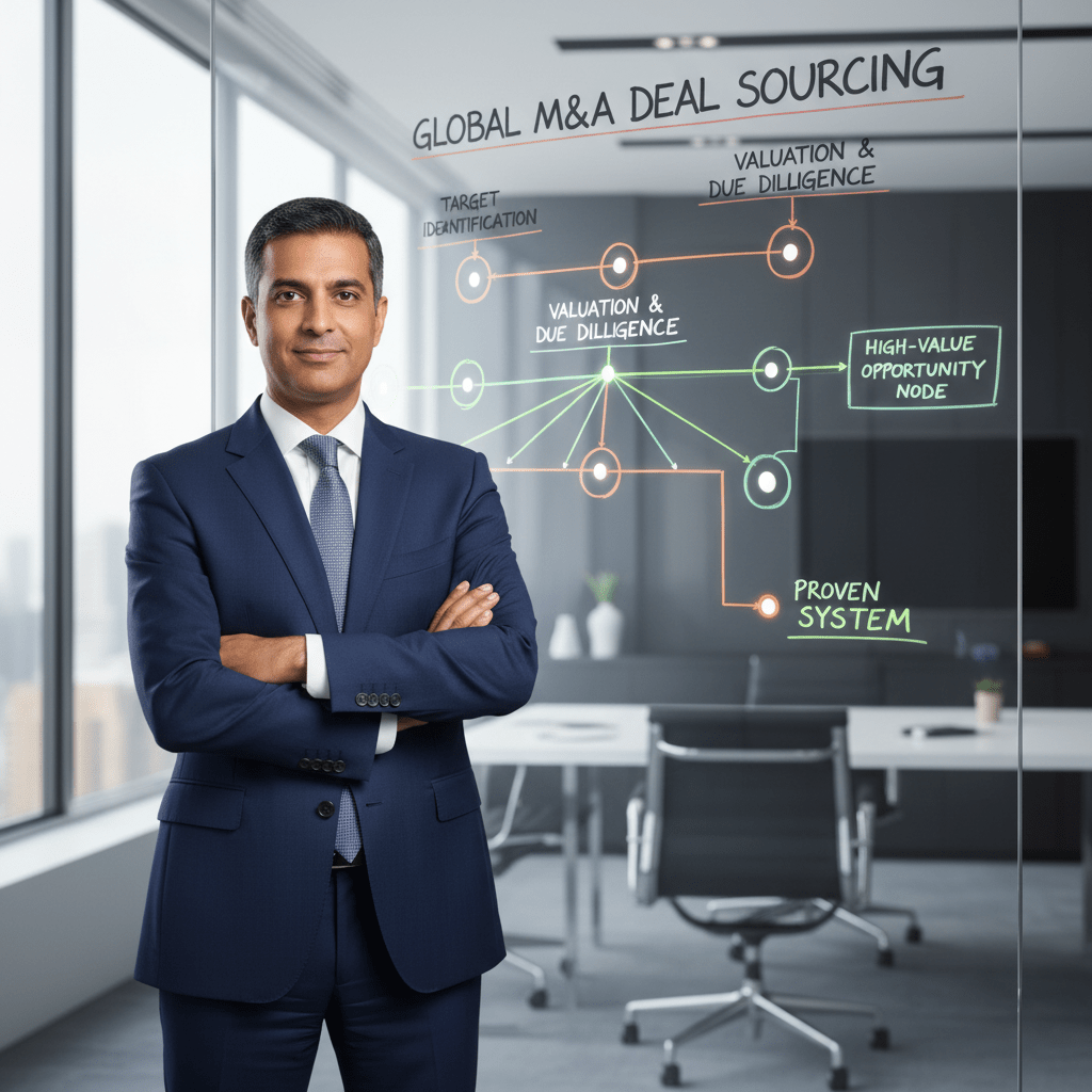 A confident business executive in a modern office, with a strategic M&A deal sourcing diagram displayed in the background.