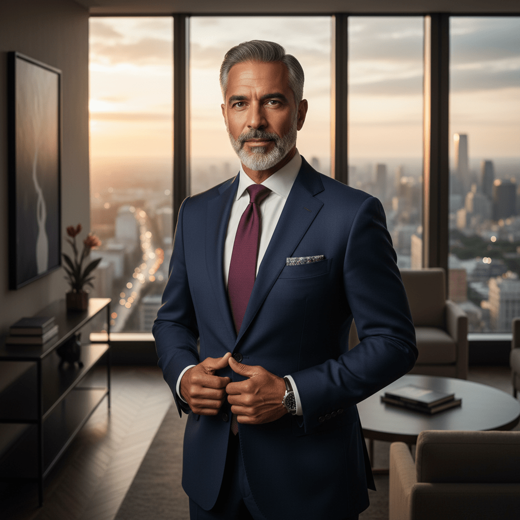 A confident business leader in a high-rise office with a city view, exuding mastery and success.