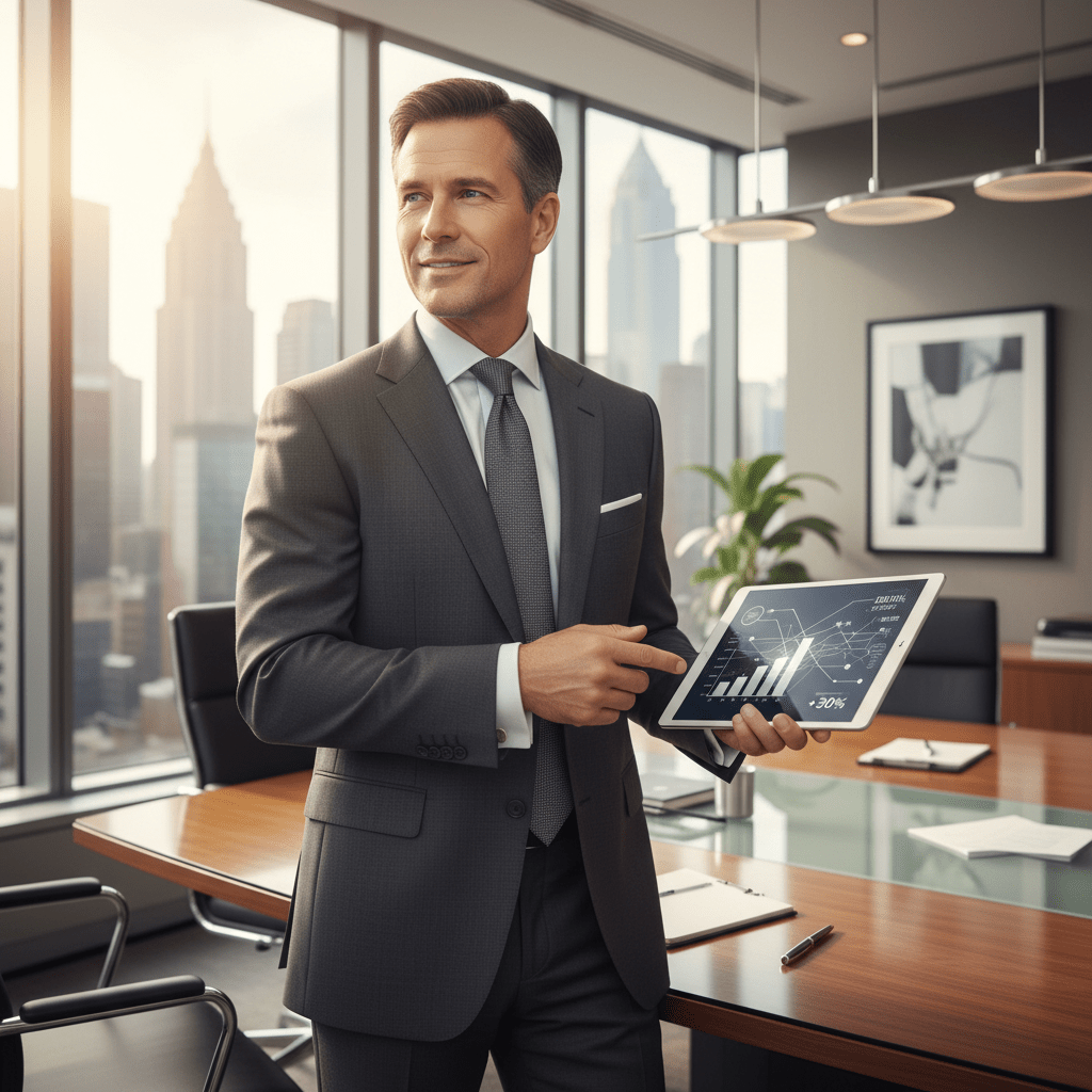 A confident business leader in a modern boardroom with a city skyline view, strategically managing a successful financial network.