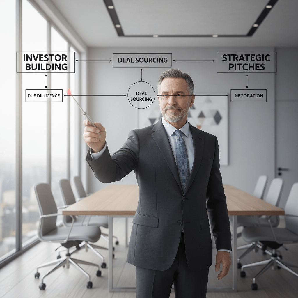 A confident business owner presenting a strategic financial roadmap for business acquisition on a large screen in a modern boardroom.