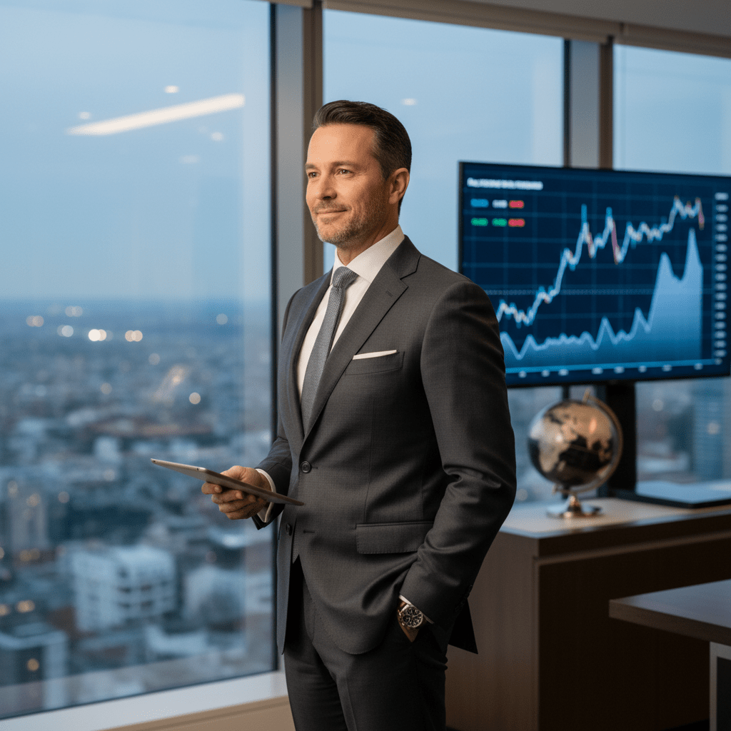 A confident business professional in a luxurious high-rise office, embodying strategic financial expertise and successful capital raising.