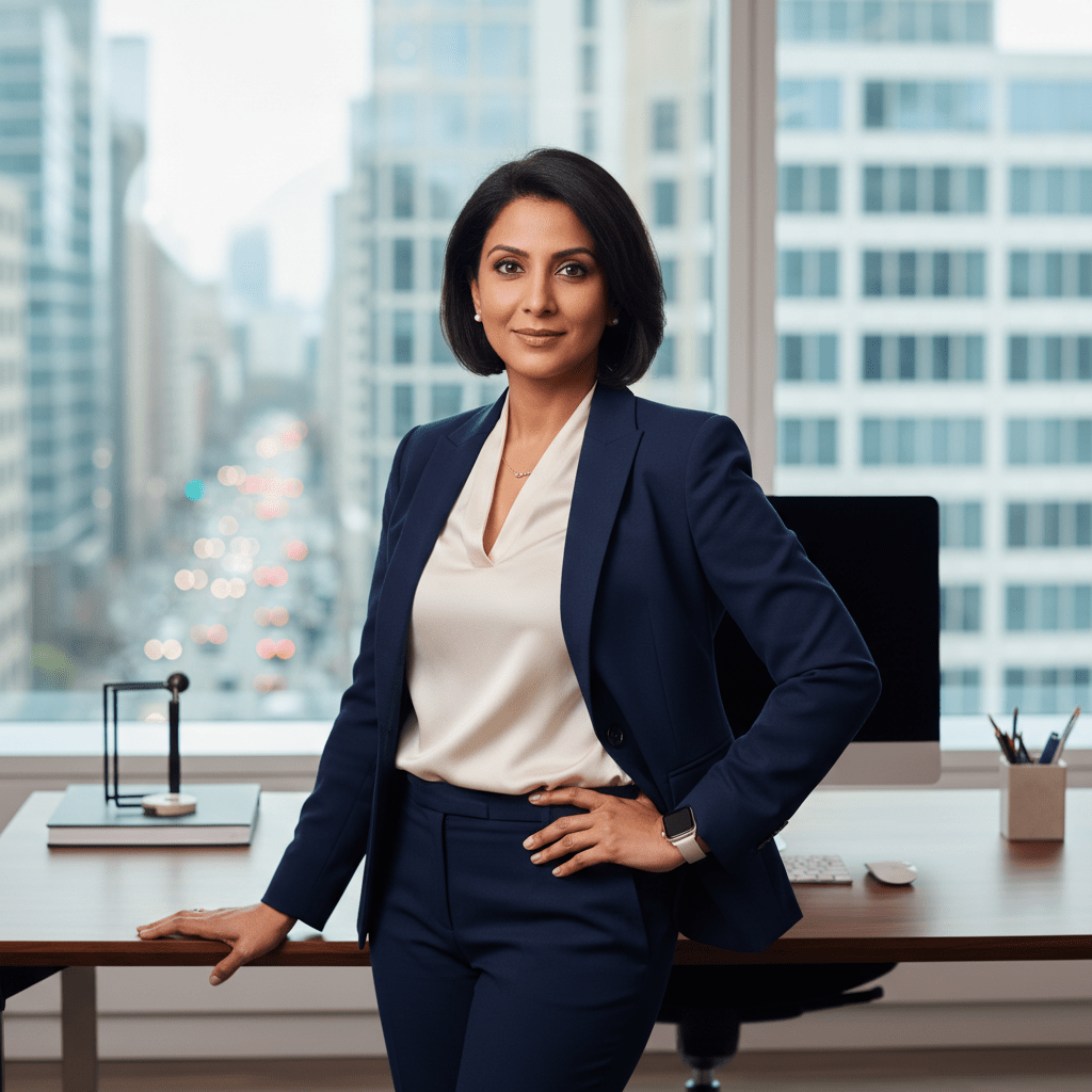 A confident business professional standing in a high-rise office with a city view, symbolizing successful deal generation and leadership.