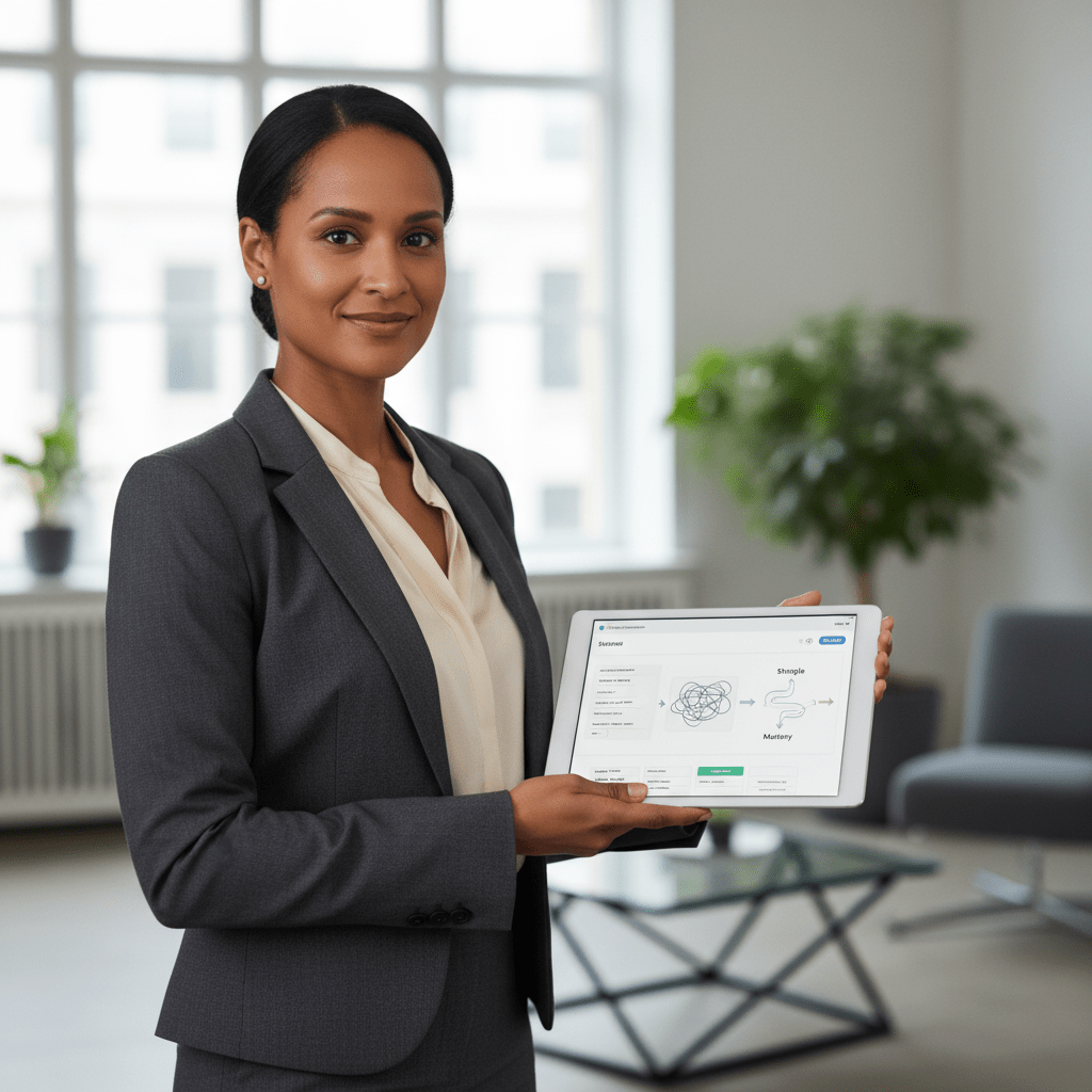 A confident businesswoman holding a tablet displaying an organized system, symbolizing clarity and access to a proven capital raising system.