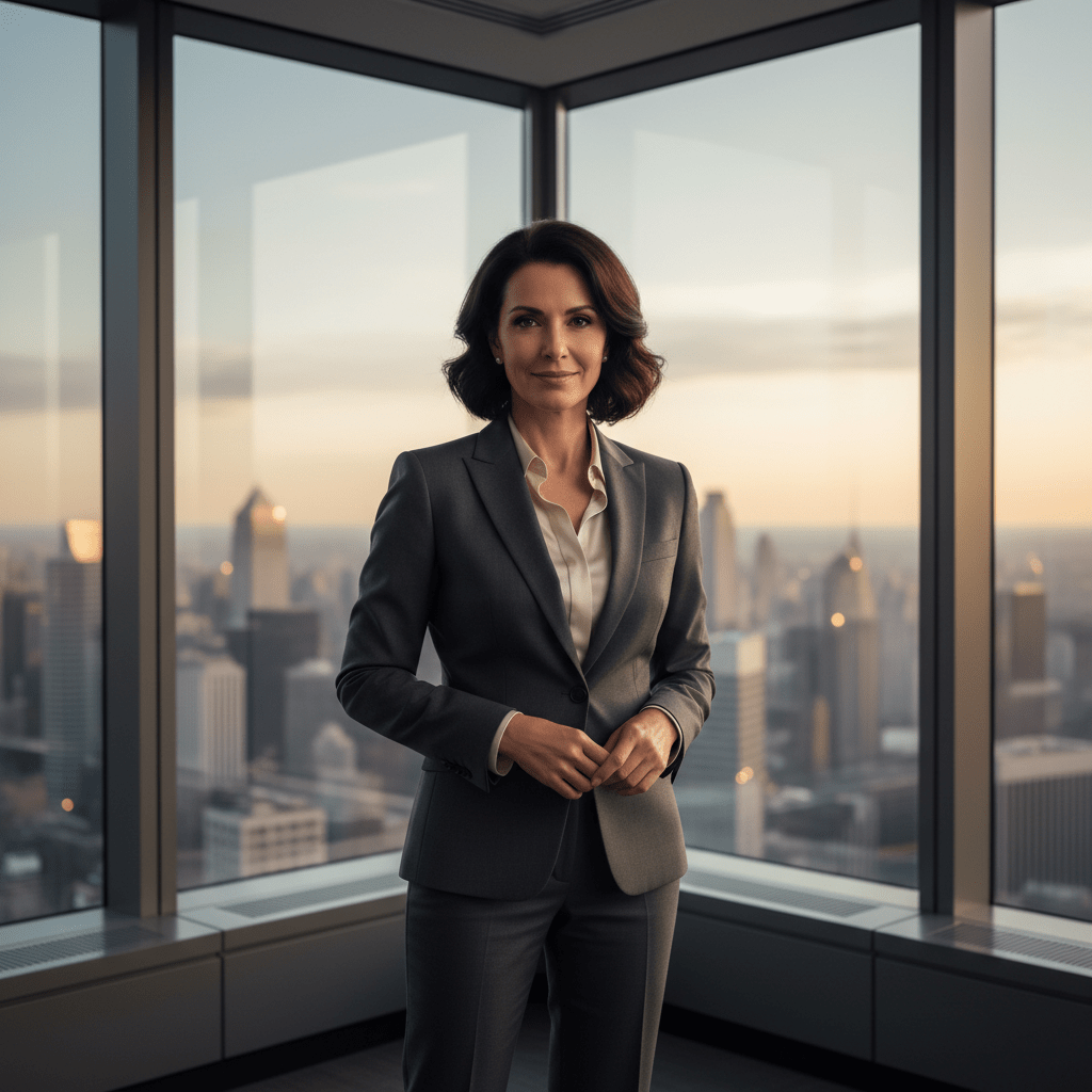 A confident female CEO stands in a modern office with a city view, ready for action.