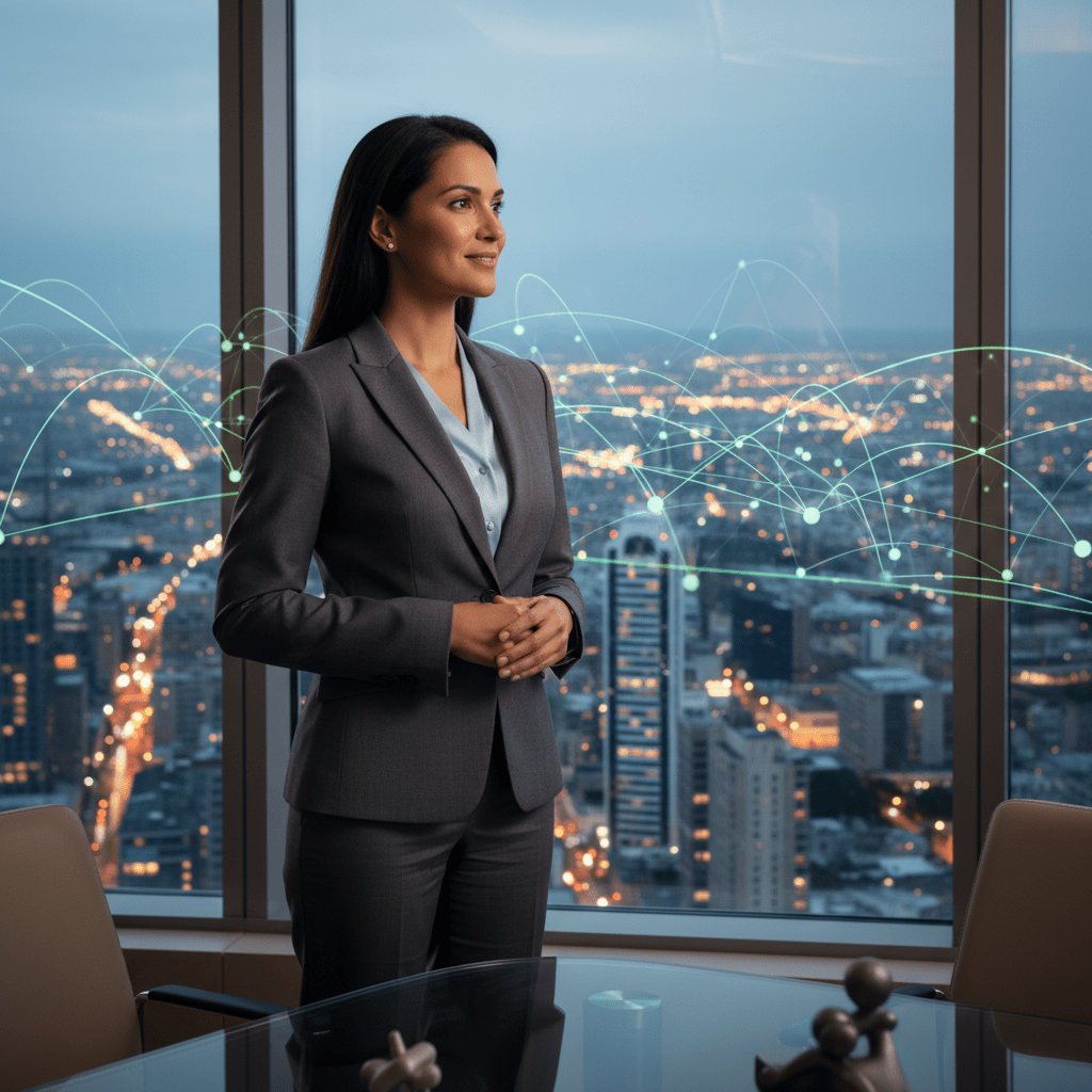 A confident female entrepreneur in a high-rise office overlooking a city at dusk, looking towards a clear, successful future, symbolizing strategic fundraising.