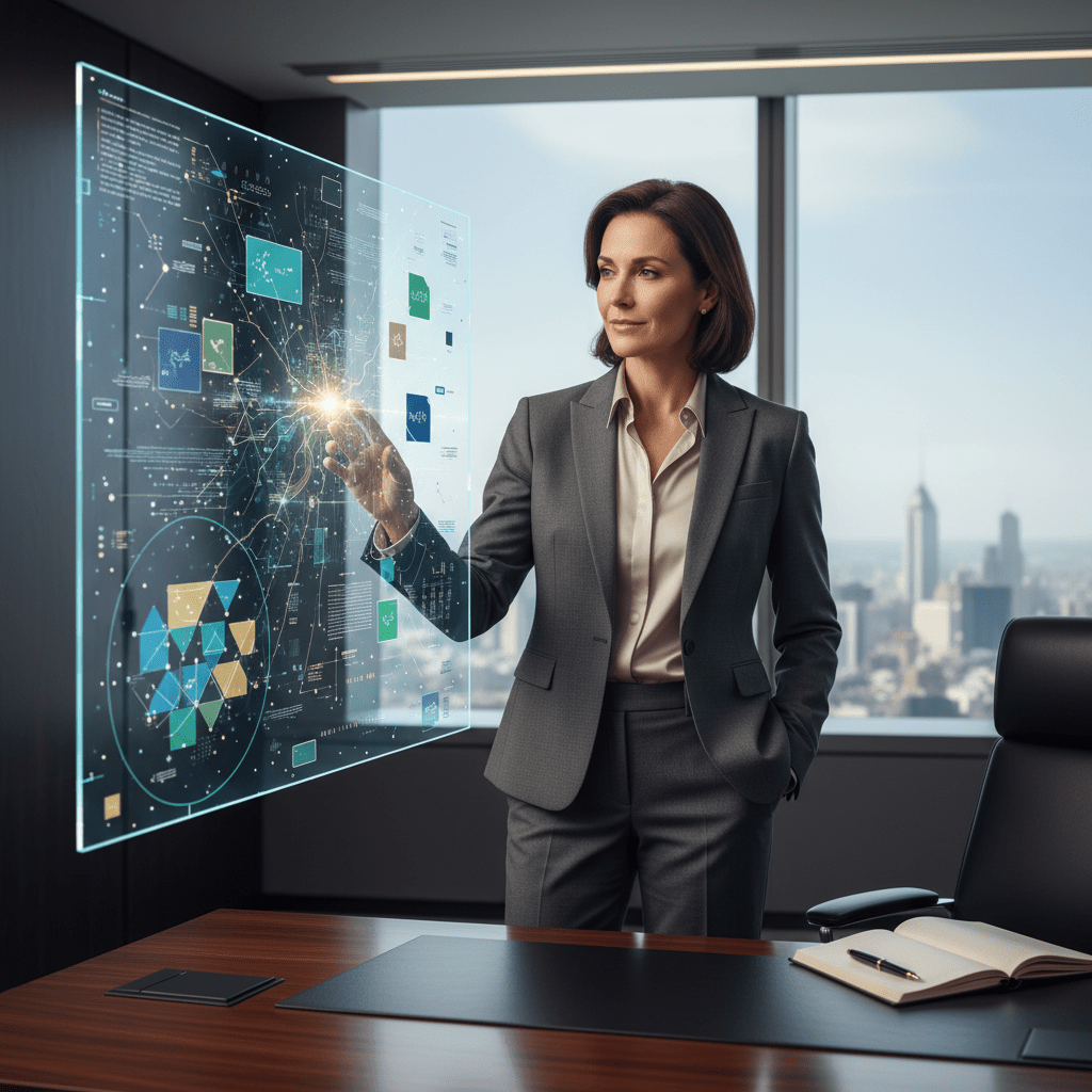A confident female executive analyzes complex financial data on a digital display, representing alternative investment strategies and strategic learning in a premium business setting.