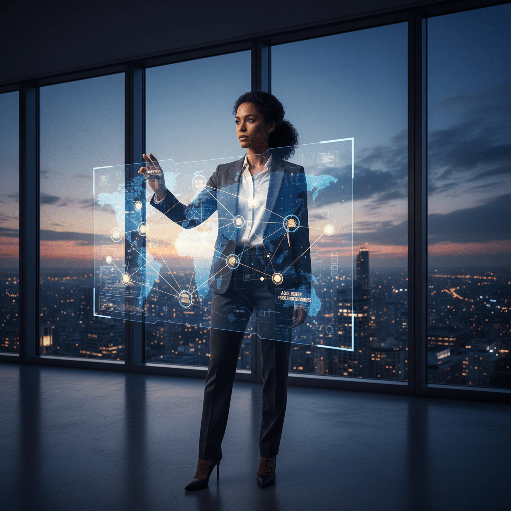 A confident female executive interacts with a holographic global network, symbolizing elevated deal sourcing strategy and exclusive access.
