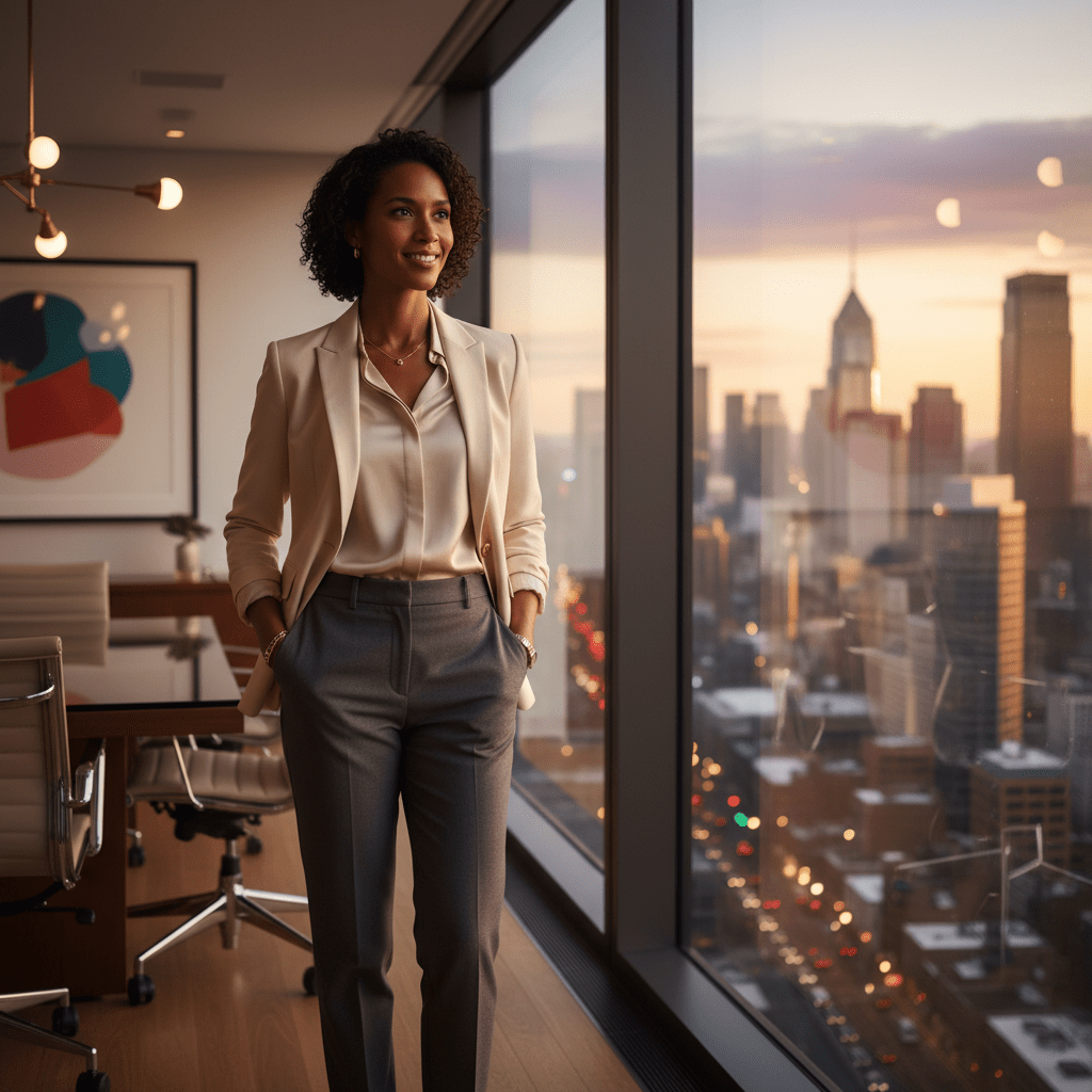 A confident female executive looks out at a city skyline from a modern office, embodying professional success and strategic vision.