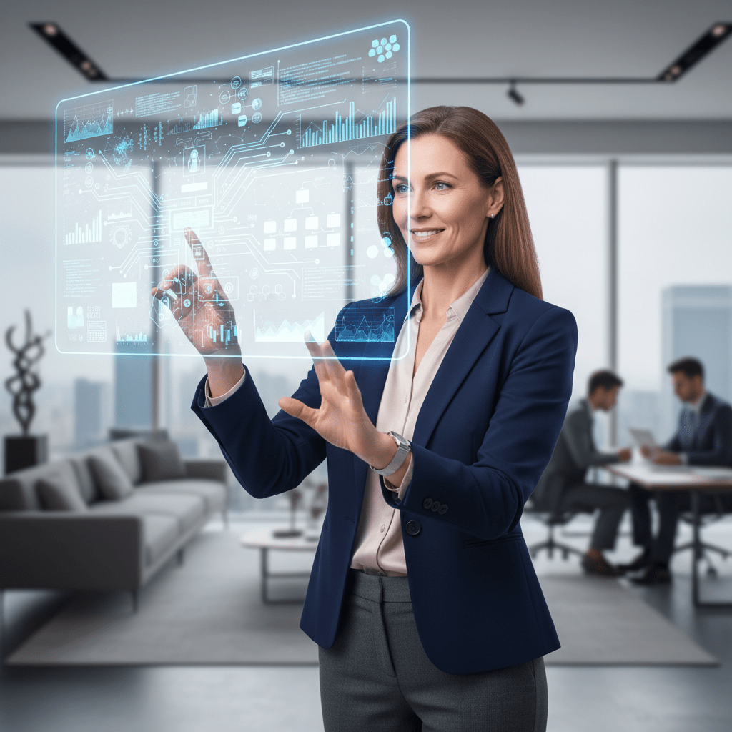 A confident female executive standing in front of a transparent digital display visualizing a complex financial system or network.