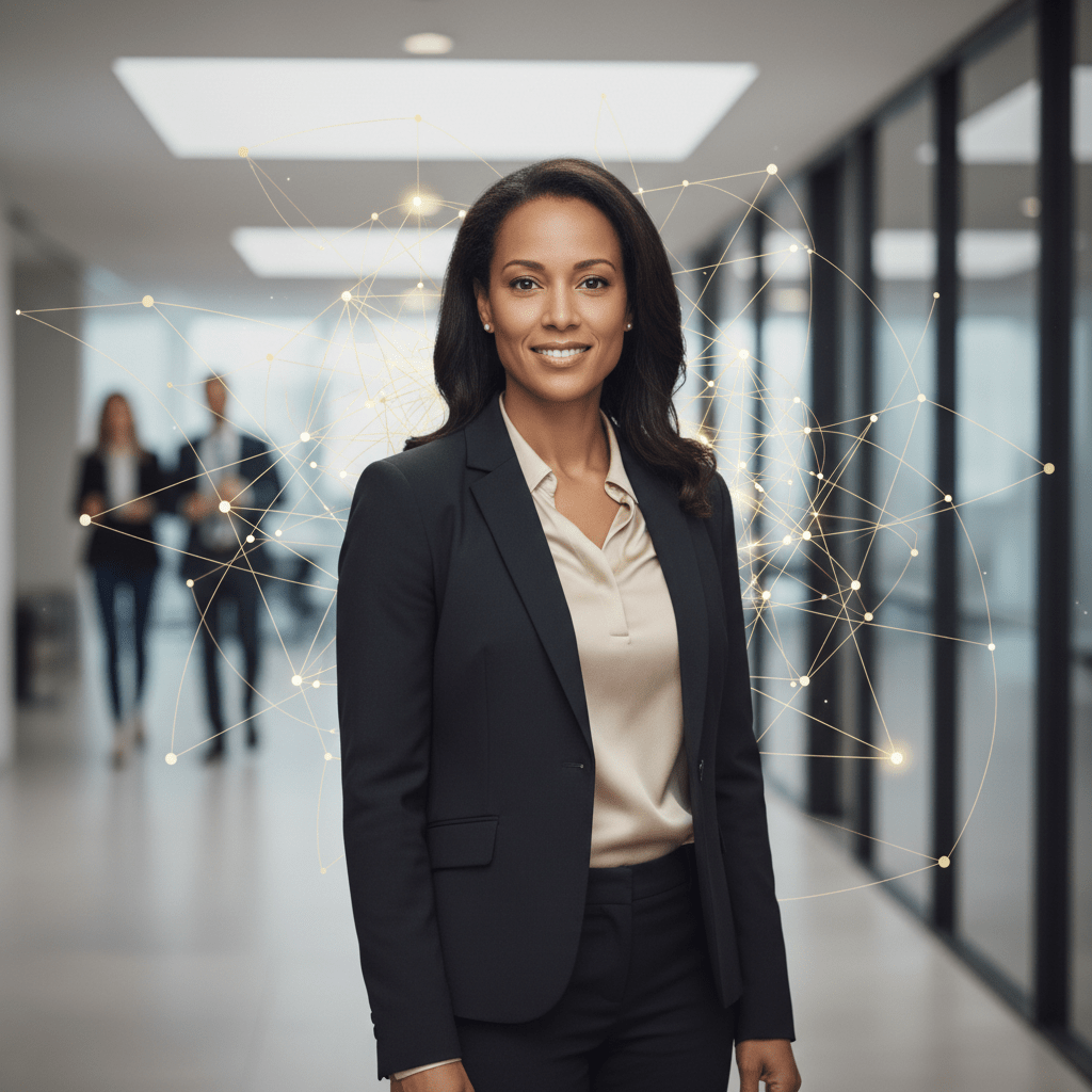 A confident female executive stands in a modern office, embodying an 'Investment Rainmaker' with a subtle network visual.