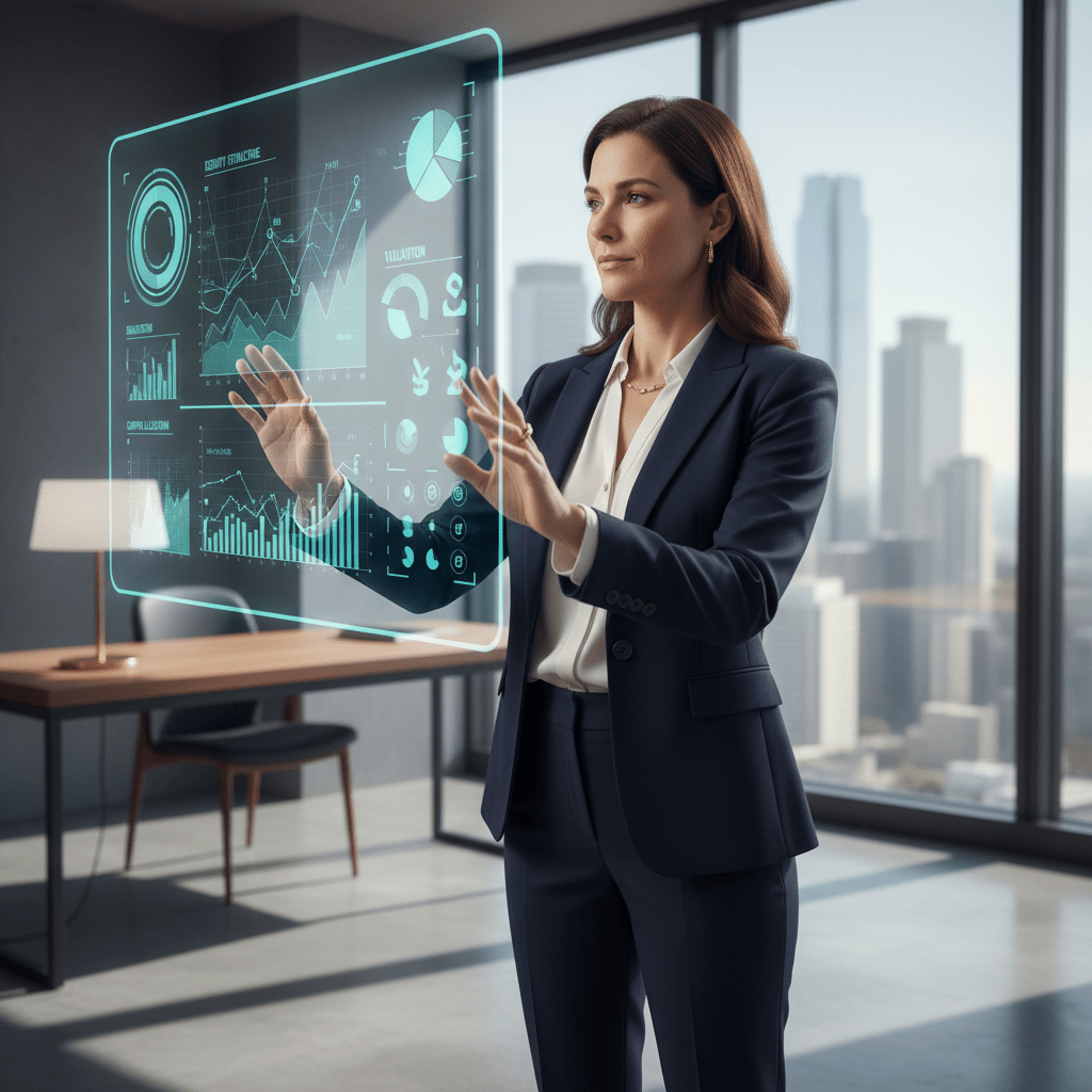 A confident female founder analyzing sophisticated equity raise data on a transparent digital screen in a premium executive office.