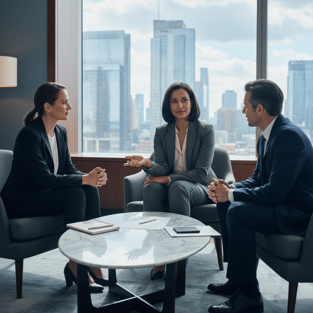 A confident female founder discusses investment strategy with two potential investors in a modern, upscale office setting, emphasizing professional networking and strategic fundraising.