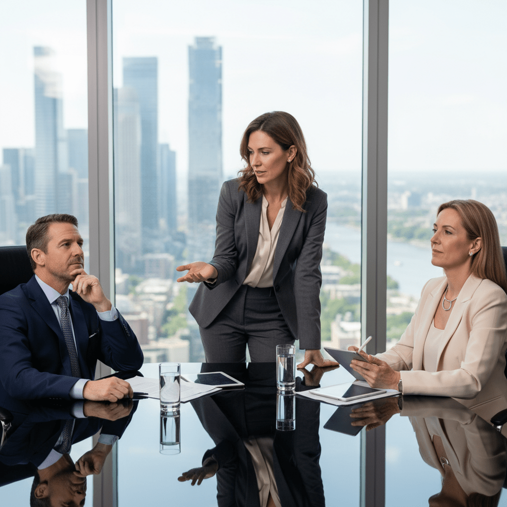 A confident female founder discusses strategy with two private investors in a modern boardroom overlooking a city skyline.
