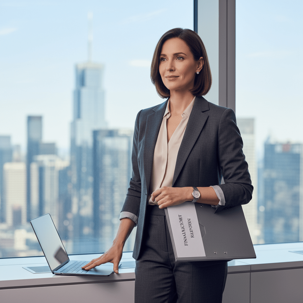 A confident female founder in a high-rise executive office, embodying strategic thinking and successful equity capital raising.
