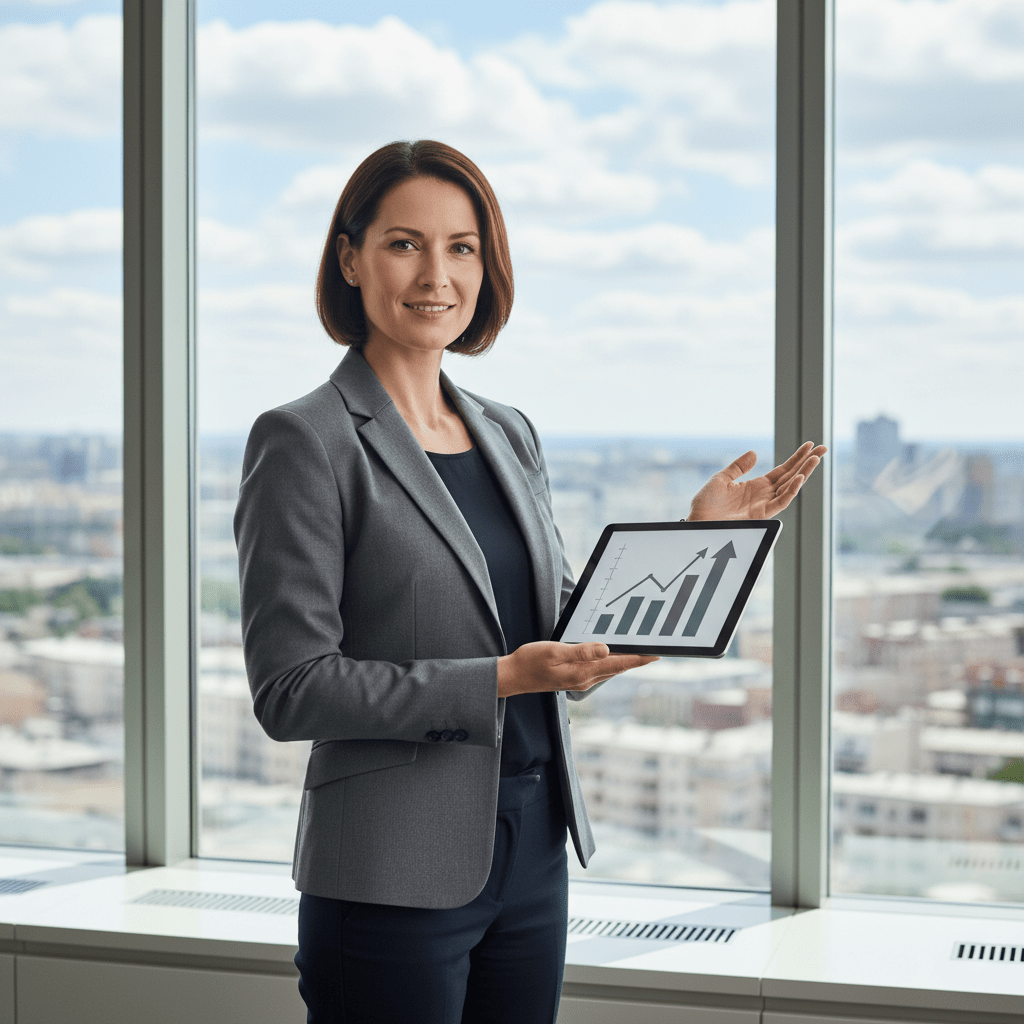 A confident female founder in a modern office, presenting a strategic vision related to financial growth and capital raising on a tablet.