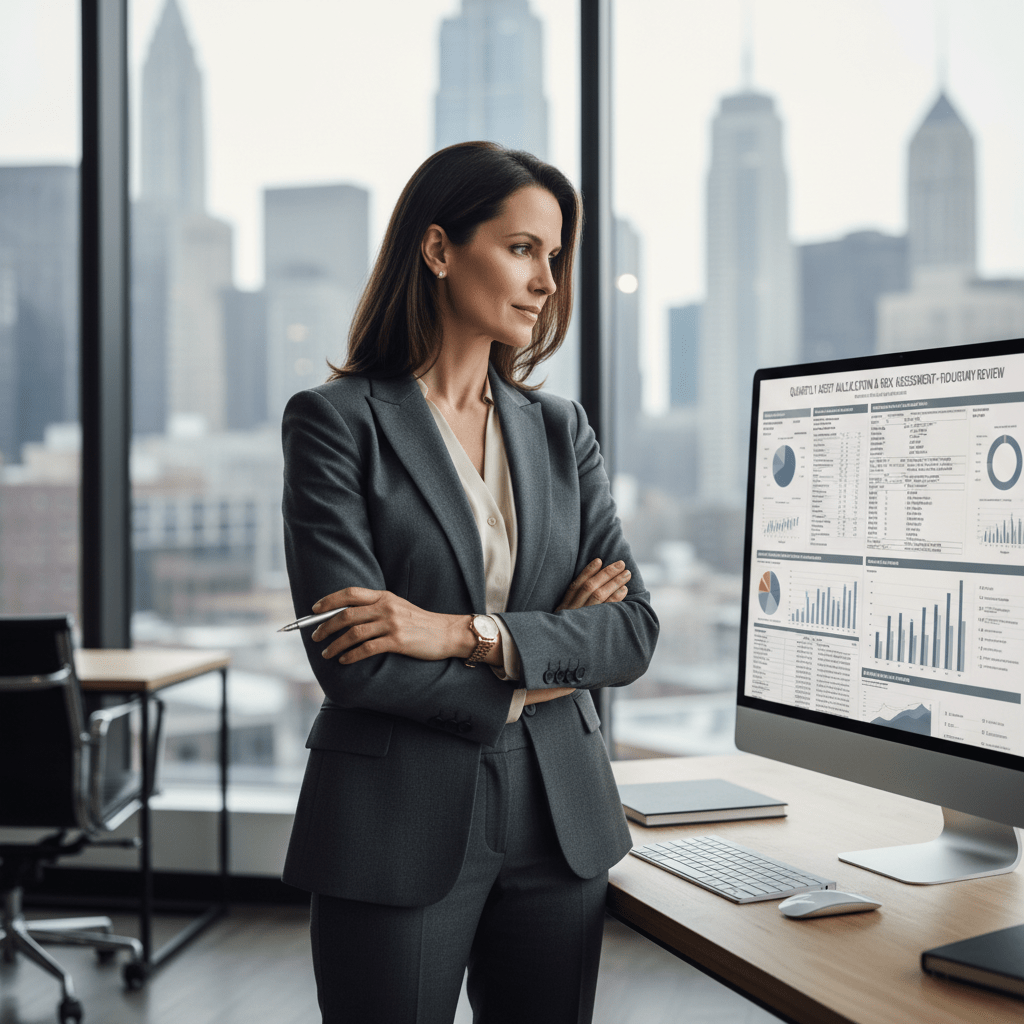A confident female founder in a modern office reviews a financial report, embodying expertise in fiduciary standards and investment strategies.