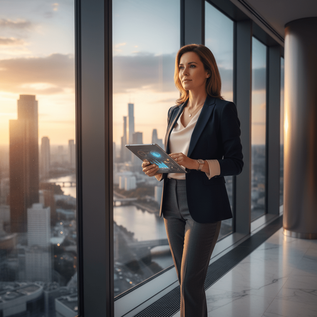A confident female founder in a sophisticated executive lounge overlooking a city, embodying strategic capital raising expertise.