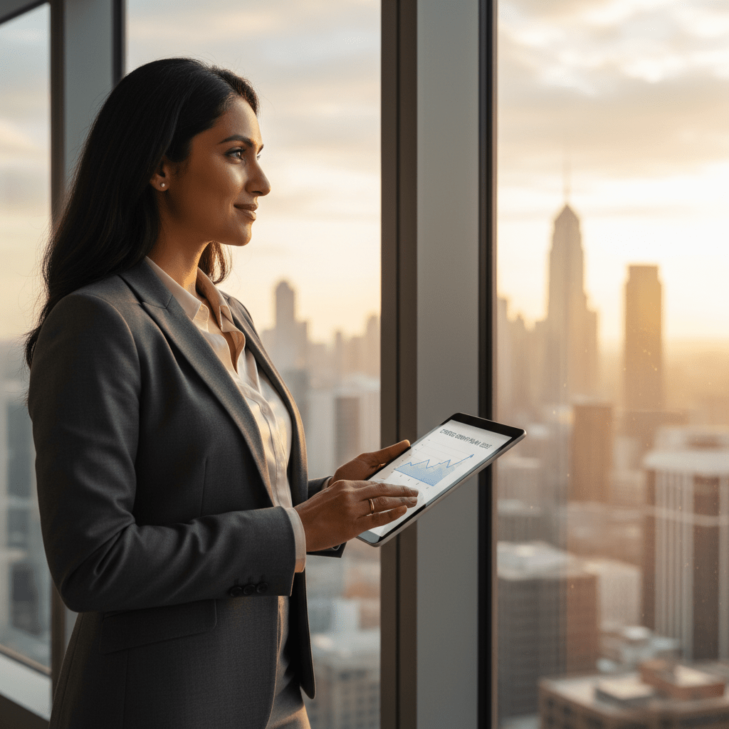 A confident female founder looking at a city skyline from a high-rise office, holding a tablet displaying a strategic plan.