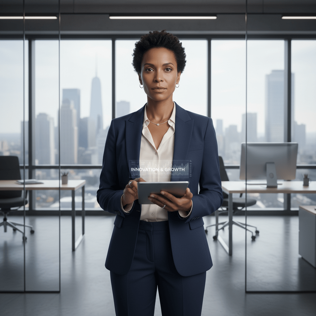 A confident female founder looking strategic in a modern office with a city skyline background, representing crucial investment knowledge.