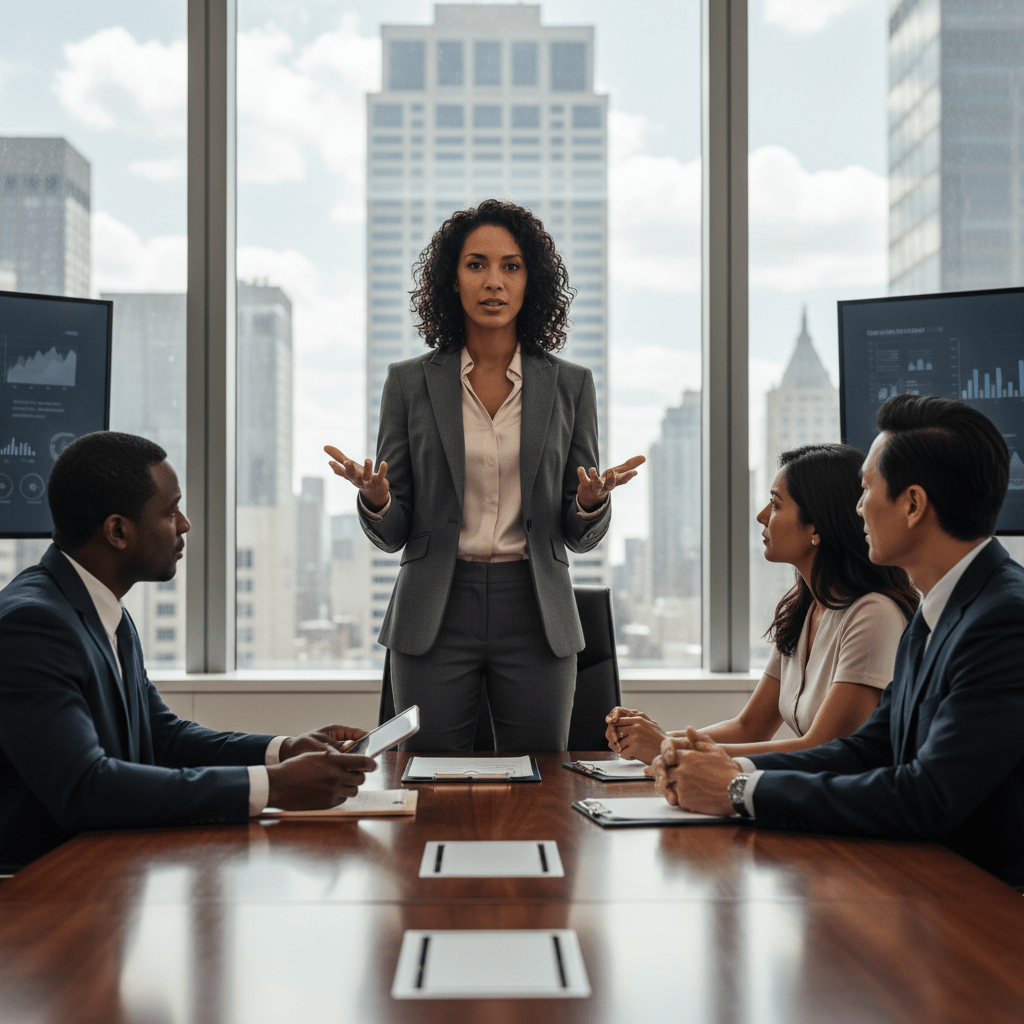 A confident female founder pitching her startup to a group of sophisticated investors in a modern boardroom.