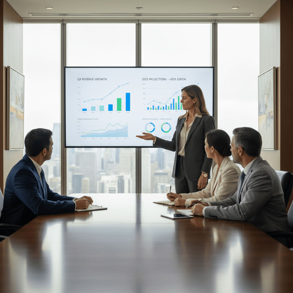 A confident female founder presents financial projections to a group of investors in a modern boardroom, demonstrating expertise.