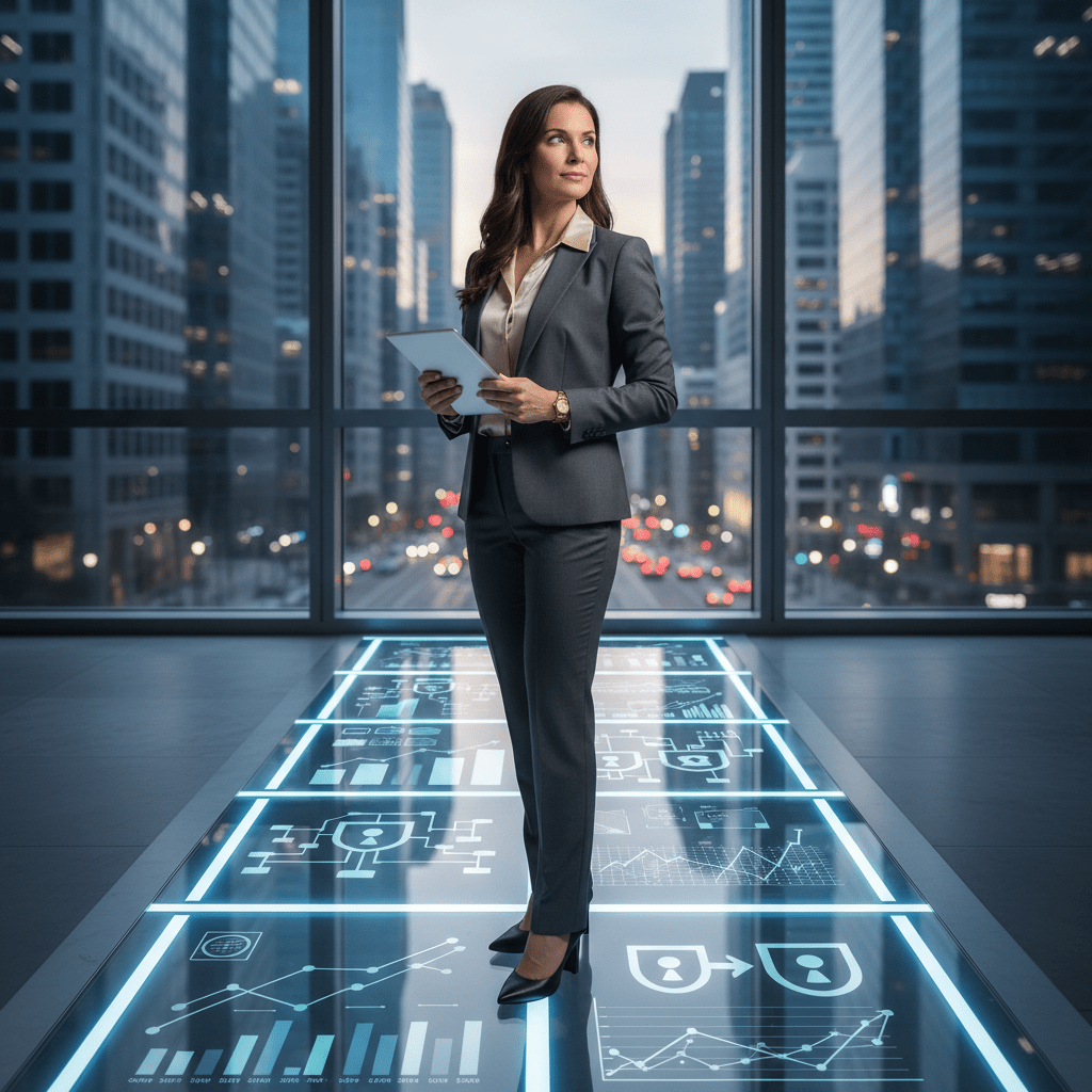 A confident female founder standing on a clear, structured pathway representing a proven system for debt financing in a sophisticated business environment.