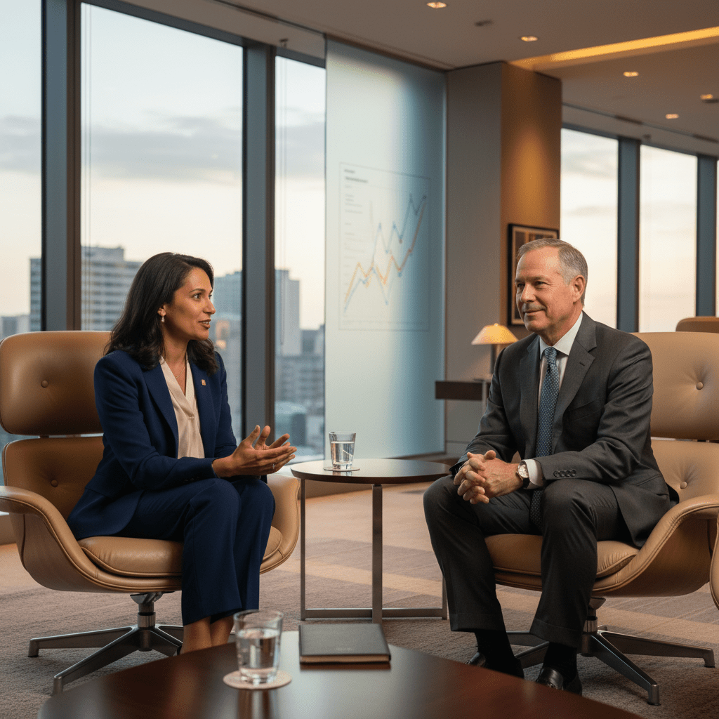 A confident founder and a seasoned venture capitalist engaged in a focused discussion, illustrating exclusive investor access and strategic relationship building.