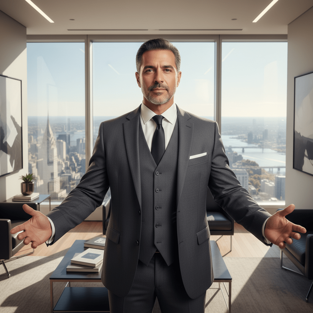 A confident founder in a high-rise executive office, embodying strategic vision and readiness for securing investment.