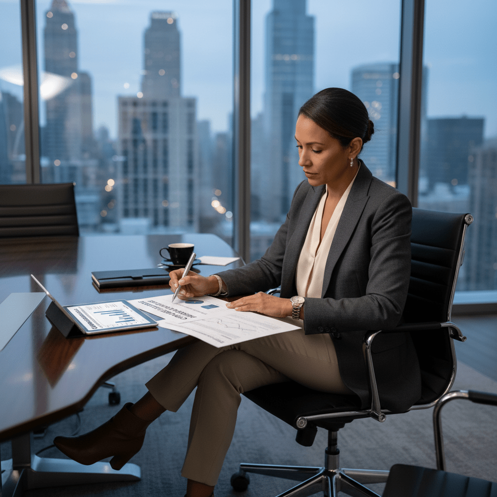 A confident founder reviewing a strategic capital raise document in a modern executive boardroom.