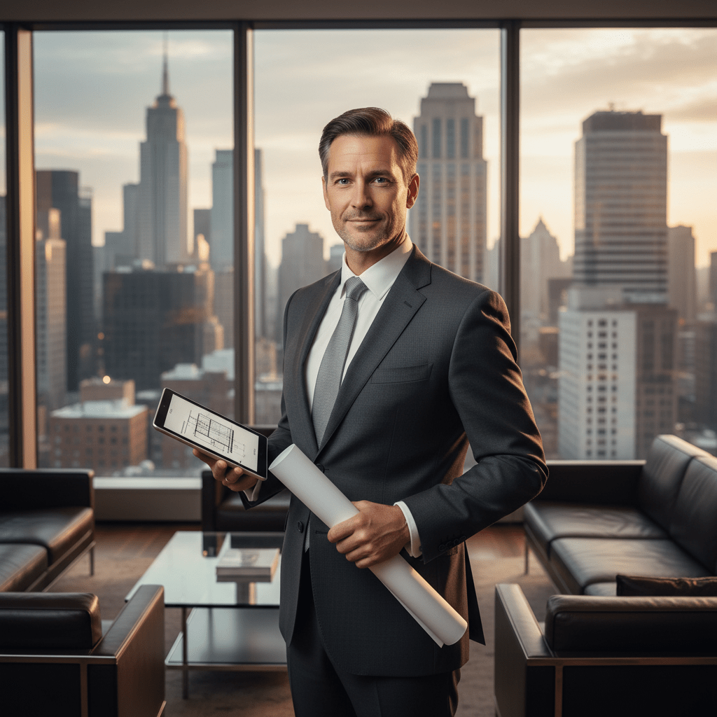 A confident male entrepreneur standing in a high-rise office with a city view, symbolizing visionary leadership.