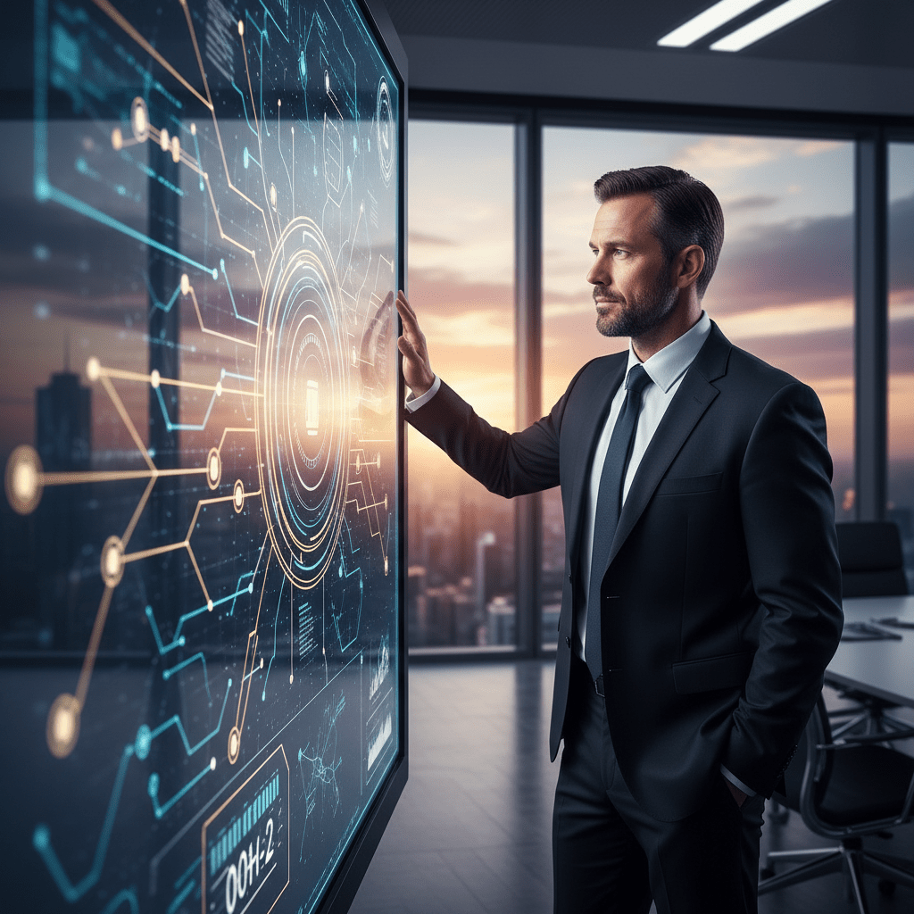 A confident male executive engaging with a complex digital display showing an interconnected investment network in a sophisticated corporate boardroom.