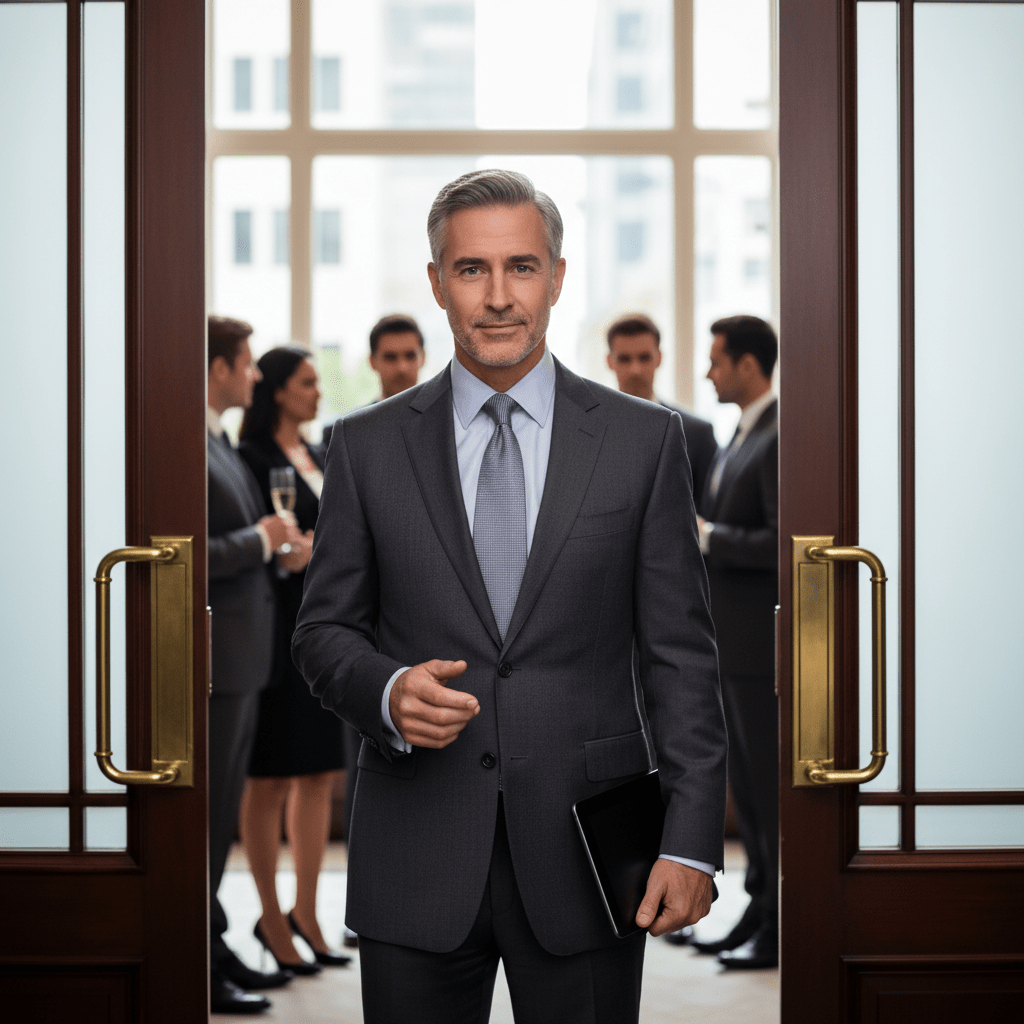 A confident male executive in a high-end business setting, symbolizing successful networking and capital attraction, embodying an 'Investment Rainmaker'.