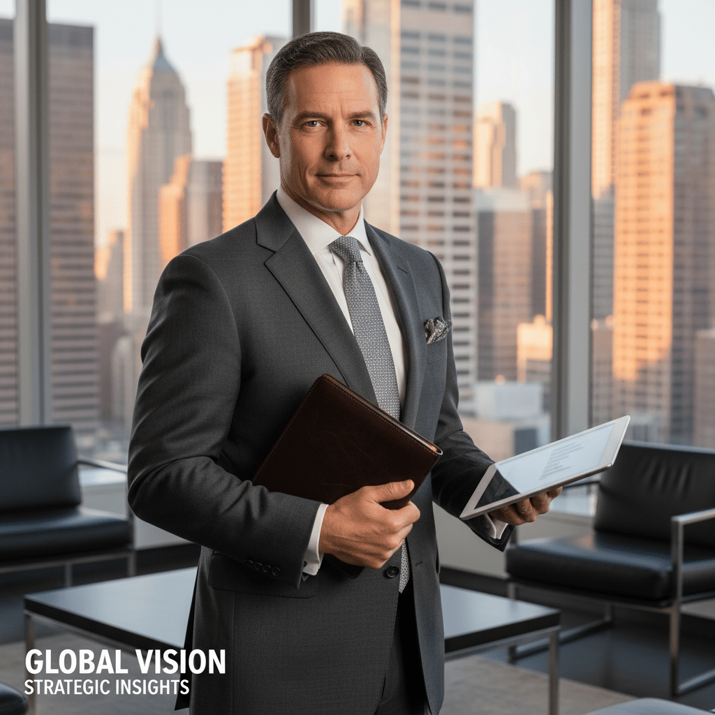 A confident male executive in a modern office, holding a tablet, with a city skyline backdrop, embodying proprietary deal sourcing and exclusive investment opportunities.