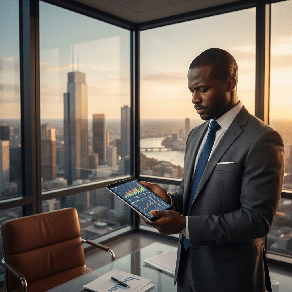 A confident male executive in a modern office reviews complex financial data on a tablet, symbolizing strategic corporate fundraising.