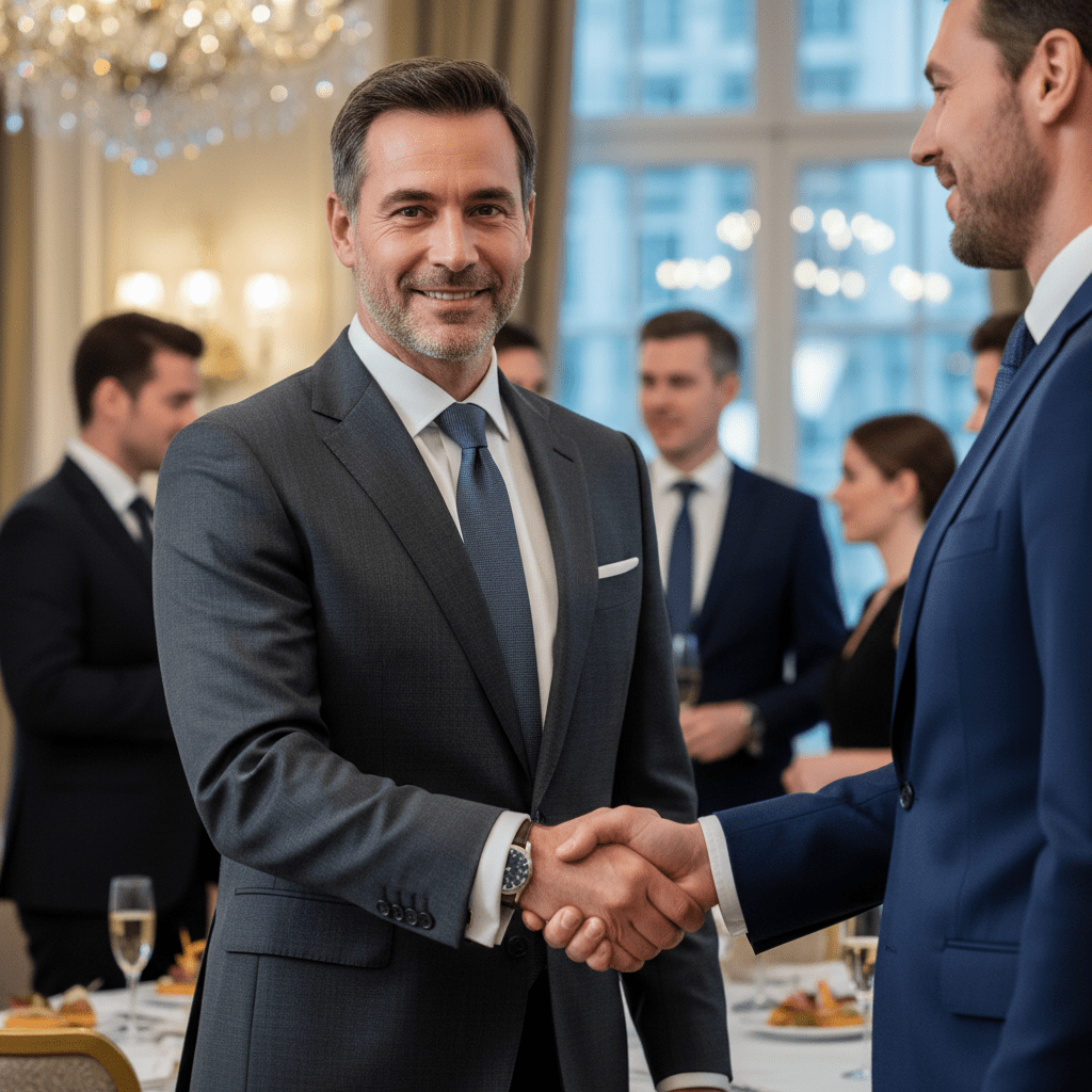 A confident male executive shaking hands and making a valuable connection at a high-end corporate networking event, symbolizing the monetization of an investor network.