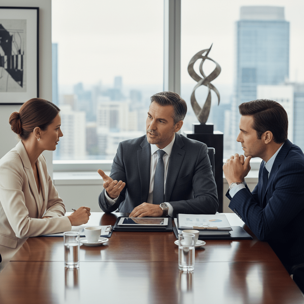 A confident male founder discusses strategy with two investors in a premium executive boardroom.