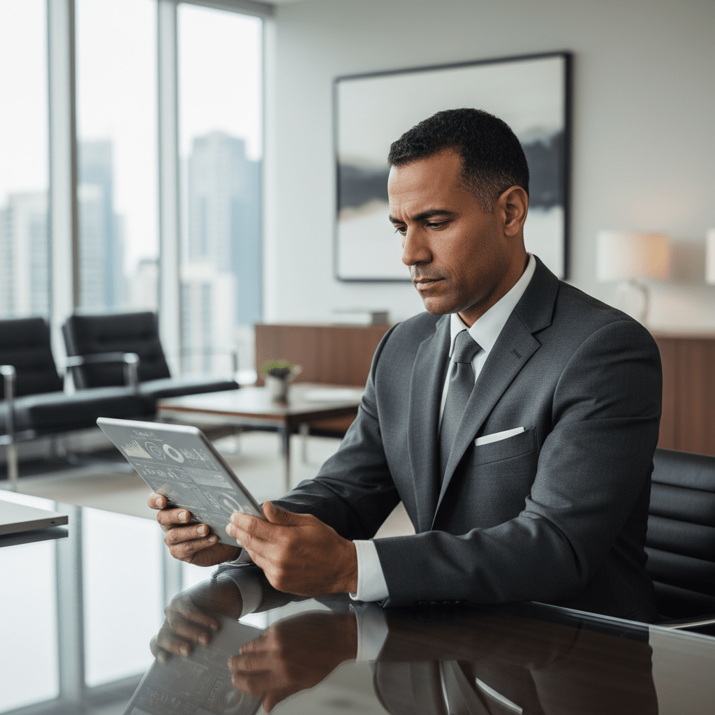 A confident male founder evaluates options on a digital tablet in a professional setting.