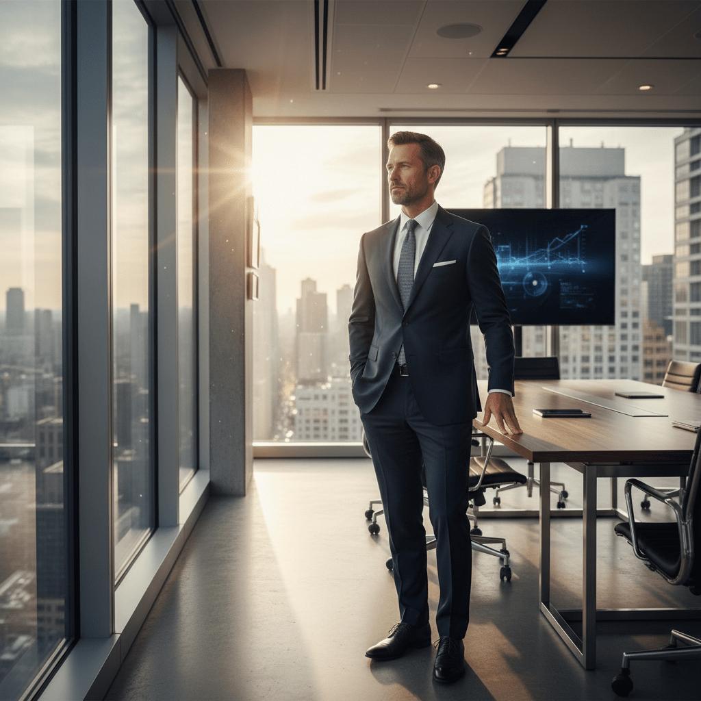 A confident male founder in a boardroom thoughtfully looks at a city view, embodying strategic decision-making.