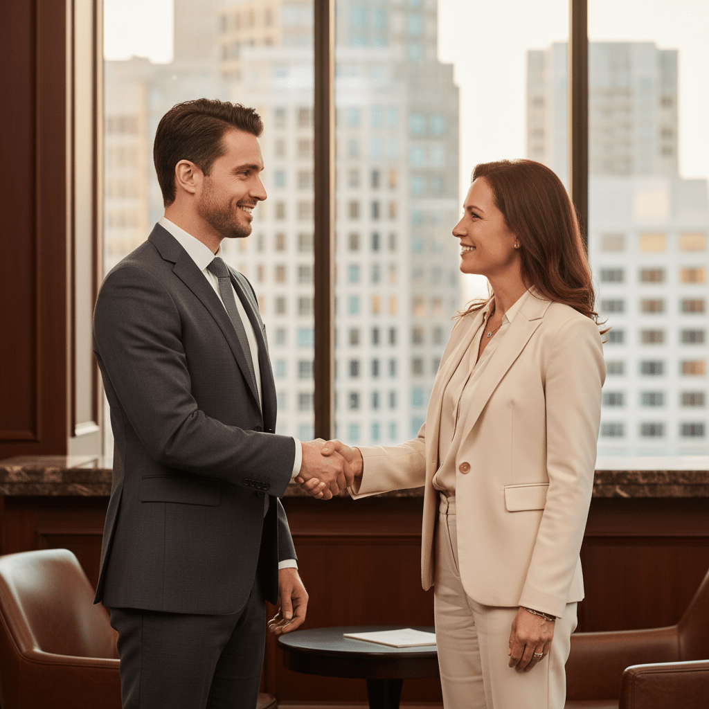 A confident male founder shaking hands with a female investor in an upscale executive lounge, signifying a successful deal.