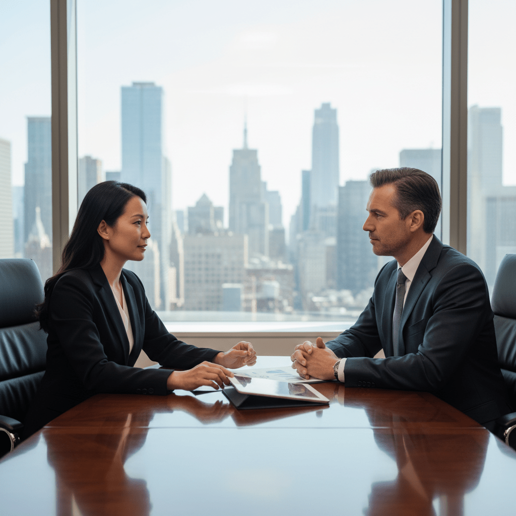 A confident, professionally dressed founder and a private equity investor engaged in a strategic discussion at an executive conference table in a modern high-rise boardroom.