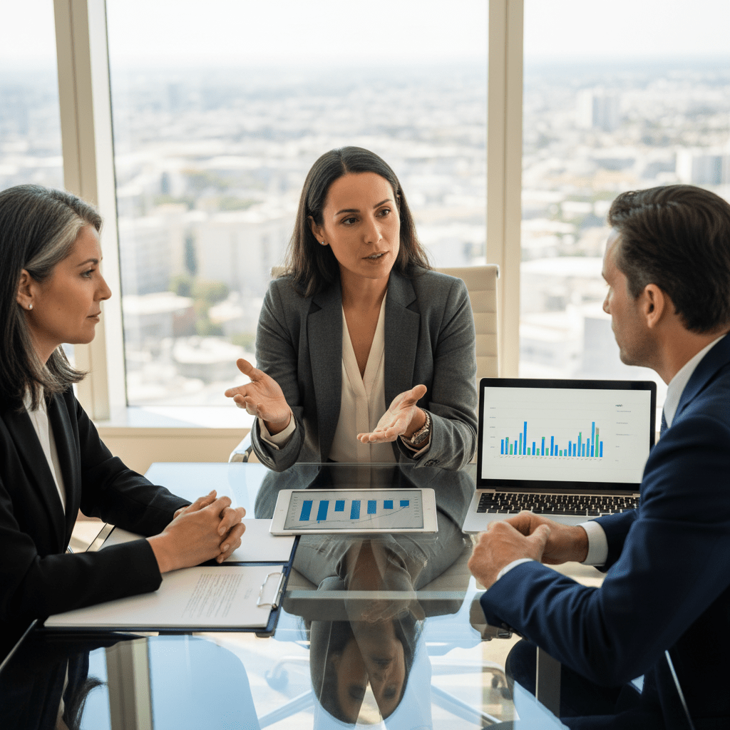 A diverse female fintech founder confidently discusses strategy with two private investors in a sleek, modern high-rise office boardroom, symbolizing successful relationship-based capital raising.