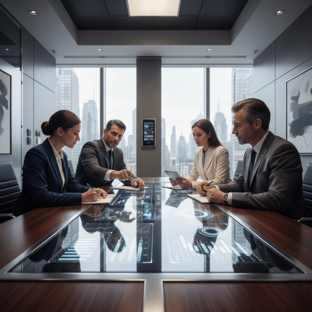A diverse group of business leaders collaborate around a modern boardroom table with a large screen displaying complex data.