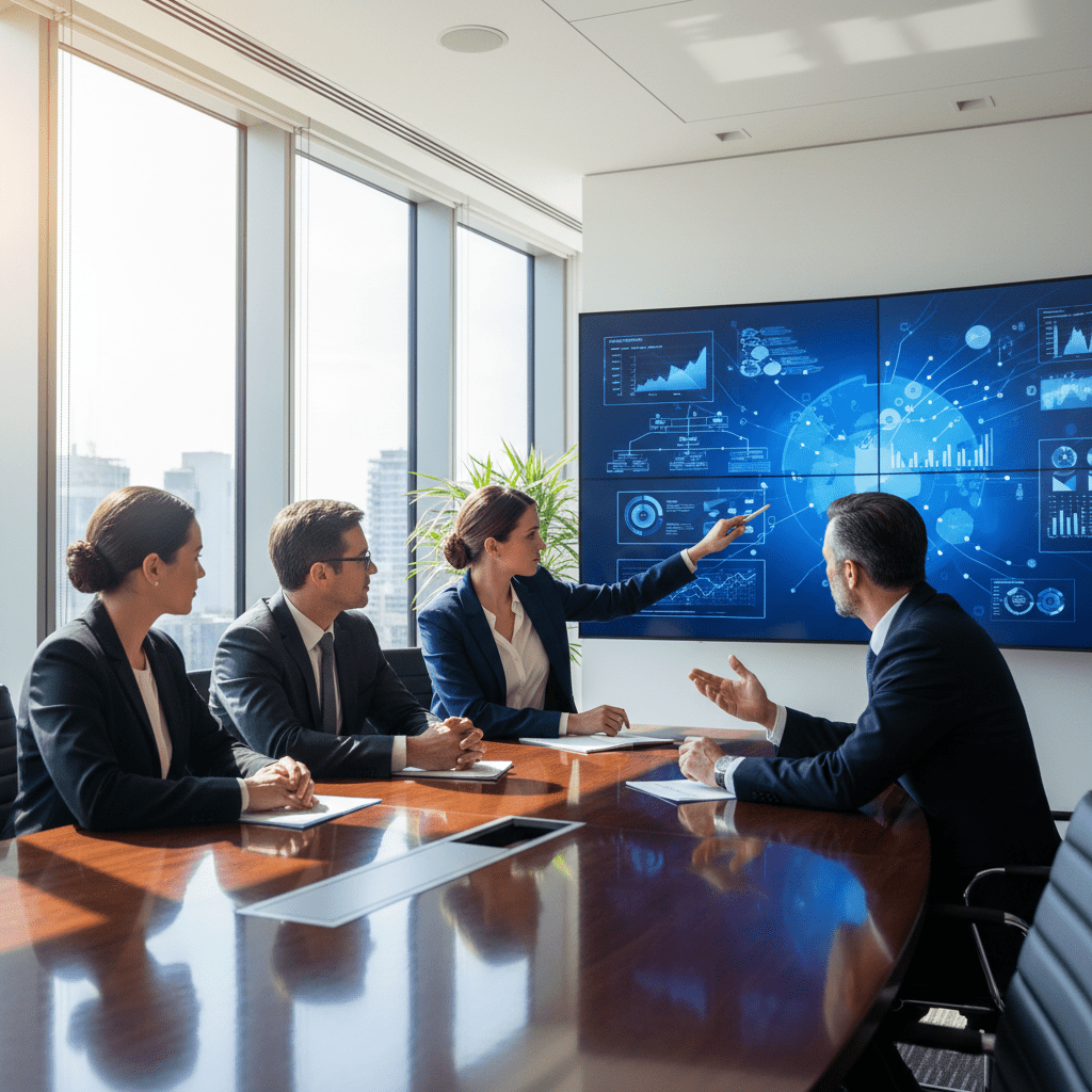 A diverse group of business professionals in a modern corporate boardroom discussing strategic diagrams on a large screen.
