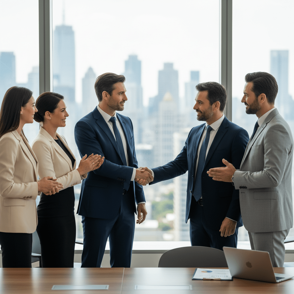 A diverse group of business professionals in a modern boardroom, one founder shaking hands with an investor, symbolizing a powerful, connected network.