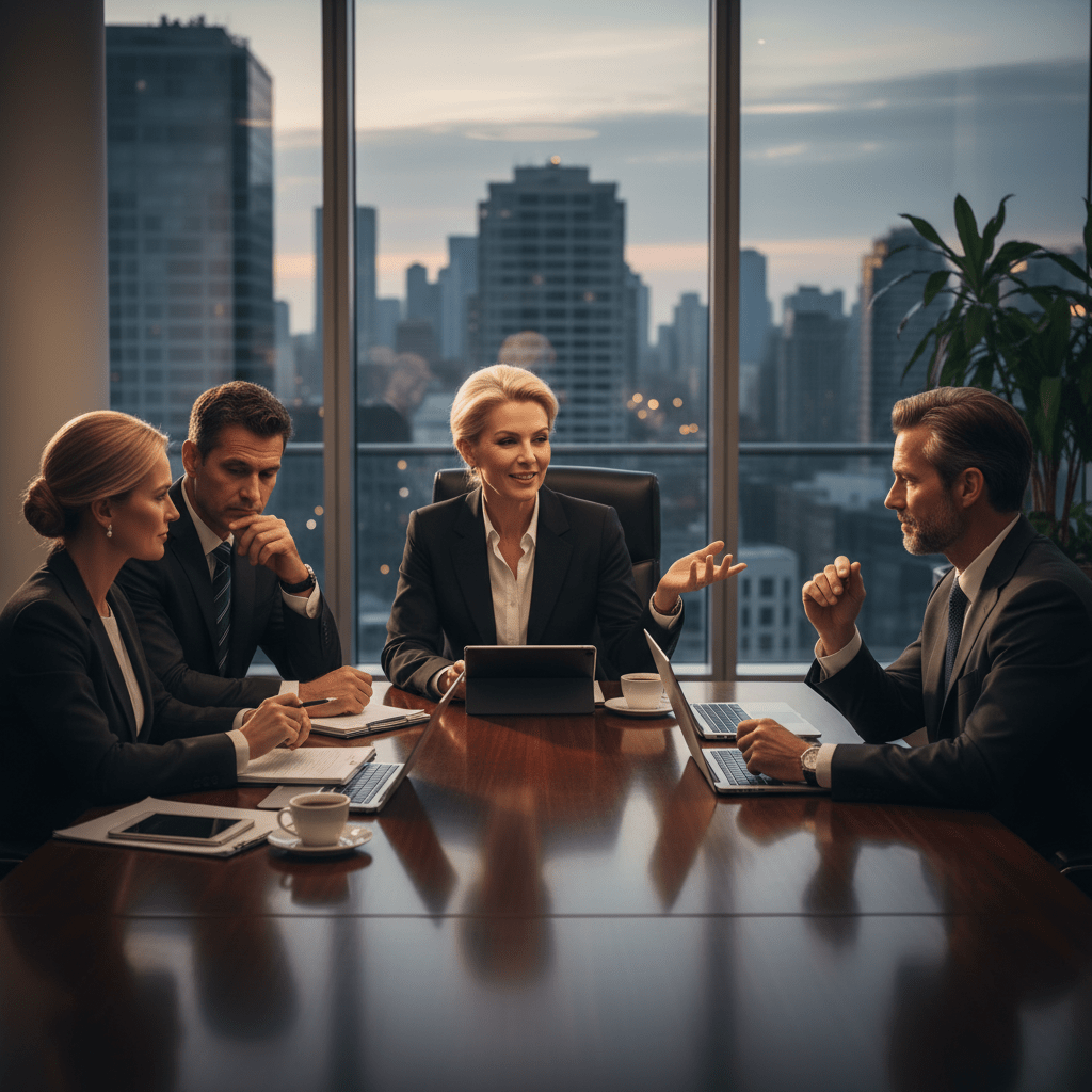 A diverse group of confident business leaders engaged in a strategic discussion in a high-end boardroom, representing successful collaboration and an elite investor network.