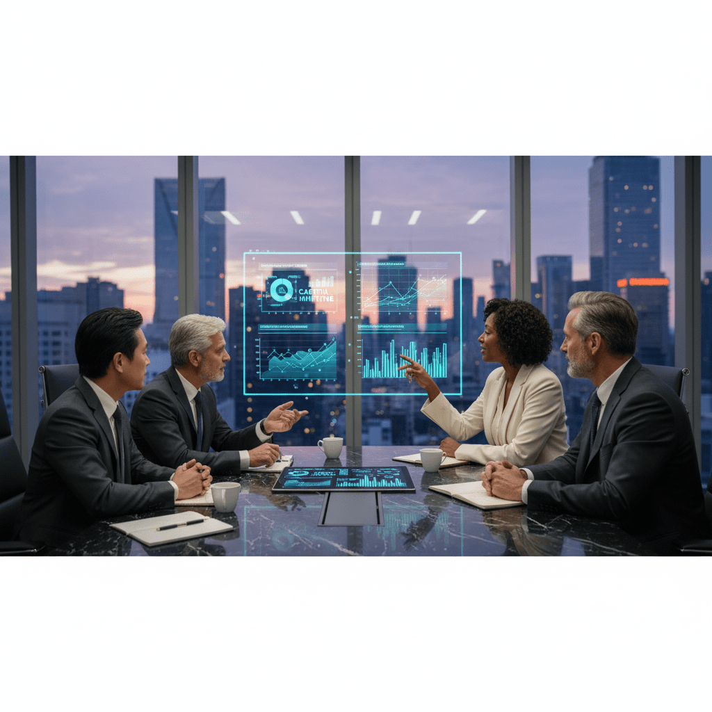 A diverse group of confident business professionals strategically collaborating in a high-rise boardroom overlooking a city, representing effective capital raising strategies.