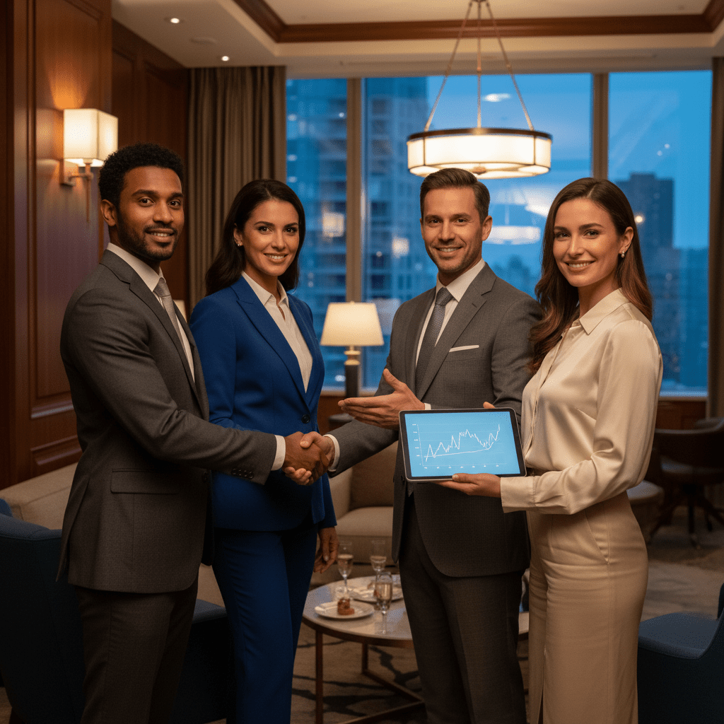 A diverse group of confident founders and investors networking in a high-end executive lounge, symbolizing successful strategic partnerships and exclusive investor access through a premium system.